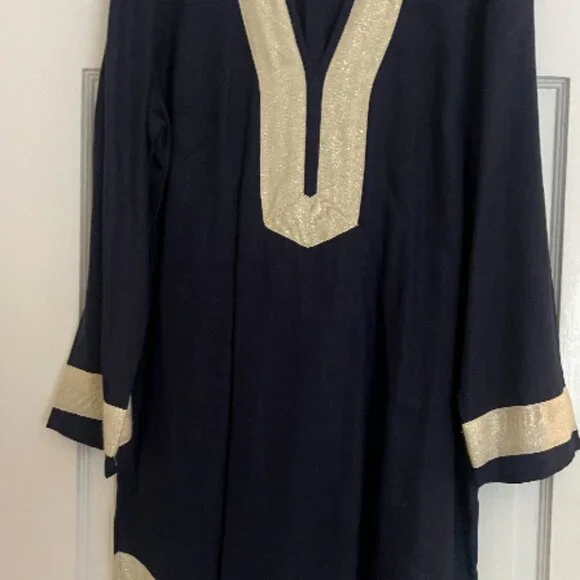Sail to Sable Navy Blue Gold Linen Tunic Dress - Picture 2 of 6